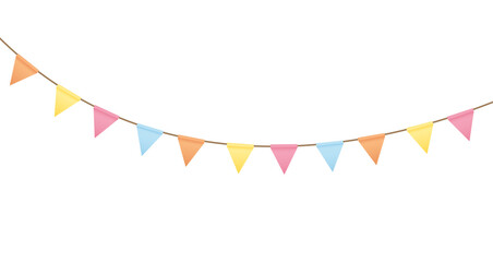 Carnival colored garlands and bunting. Festive triangle flags on rope for decoration of party, holiday, event, festive, celebration. Colorful pennants for banner, flyer, template Vector design element