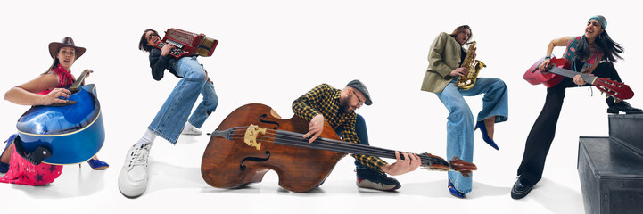 Set of four musicians, men and women passionately playing guitar, saxophone, accordion and double...