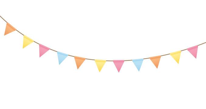 Carnival colored garlands and bunting. Festive triangle flags on rope for decoration of party, holiday, event, festive, celebration. Colorful pennants for banner, flyer, template Vector design element