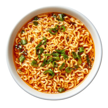 Spicy ramen noodle soup in white bowl, Asian instant noodles with herbs, top view comfort food PNG for menus isolated PNG with Transparent Background