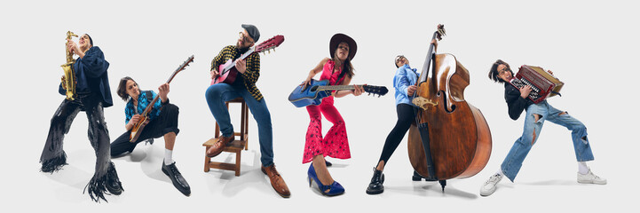 Collage made with 4 expressive people, musicians performing with double bass, guitar, accordion and...