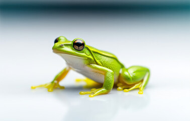 Obraz premium vibrant green frog with striking yellow accents sits gracefully on smooth surface, showcasing its unique features and lively expression