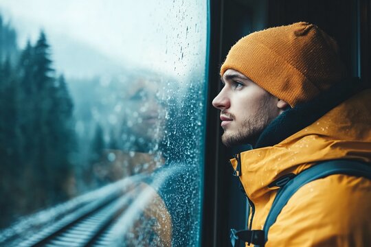 Young Man in Yellow Jacket and Beanie Gazing Out Train Window at Rainy Landscape