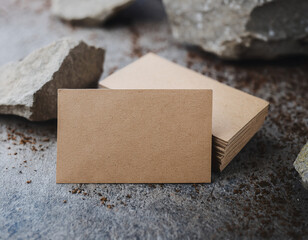 Mockup of empty craft paper business card. Branding presentation. Stone background. Minimalist style