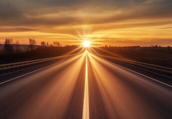 Obraz premium An empty asphalt road stretches out beneath a stunning sunset.