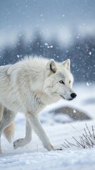 Fototapeta premium Majestic white wolf walking through snowy forest winter landscape wildlife photography serene environment close-up view nature's beauty