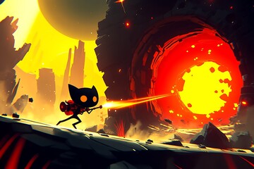 A small creature running with weapon towards the fiery portal