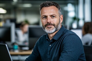 Obraz premium Professional Man in Modern Office Working on Laptop with Focused Expression