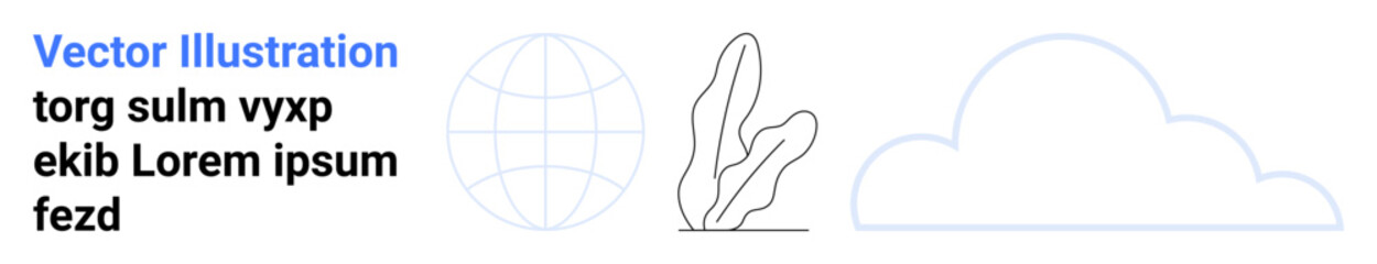 Earth globe, outlined plant sprout, and cloud symbolizing sustainability, nature, and connectivity. Ideal for ecology, environment, education, climate change technology communication simple