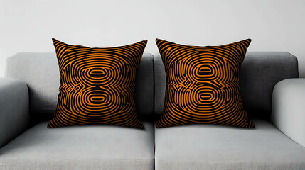 Decorative throw pillows with geometric patterns on a minimalist couch