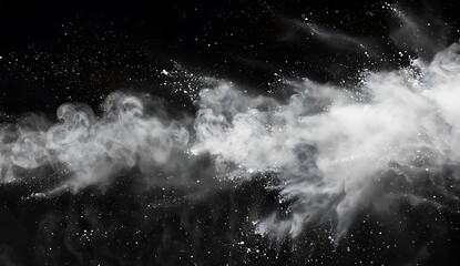 white powder splash, black background, abstract dust explosion, texture banner, creative artwork design, design elements, powder explosion, artistic texture, top view, dust cloud, artistic design conc