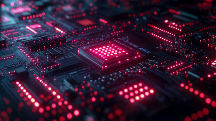 Obraz premium Cyberpunk: Futuristic Microchip, Neon Glow, Circuits and Connection - Tech Abstract for Banner, IT, Poster