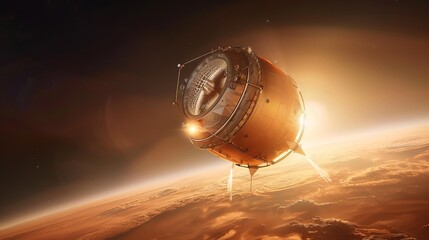 Futuristic spacecraft approaching Venus with glowing orange atmosphere and detailed surface textures, space exploration and planetary science concepts.