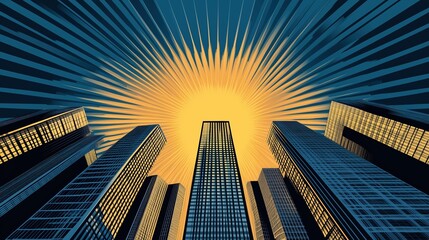 Surreal skyscrapers with sunburst effect in bold blue and yellow color scheme. Futuristic urban skyline