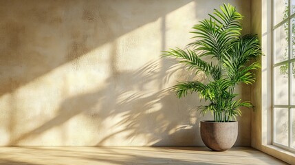 an indoor plant sits in a pot next to a window, with sunlight casting shadows on the wall. The scene is peaceful, calm and warm
