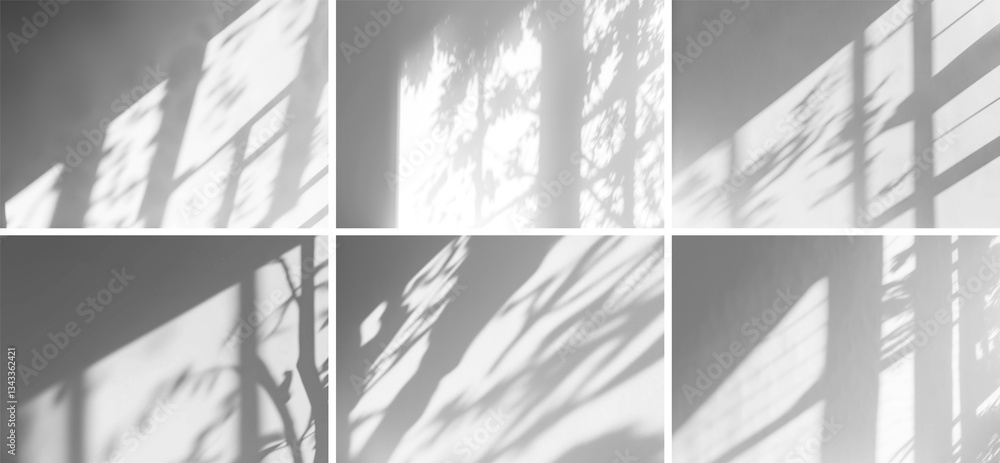 Fototapete Isolated shadows overlay on transparent background. Black shadow brushes set of trees and leaves through a window. Generative ai