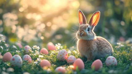 Easter bunny in meadow with decorated eggs at sunrise