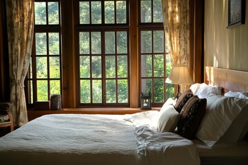 cozy bedroom interior with a large window, a comfortable bed, and natural light pouring in