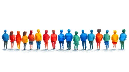 Diverse group of people standing in a straight line against a neutral background representing unity and diversity