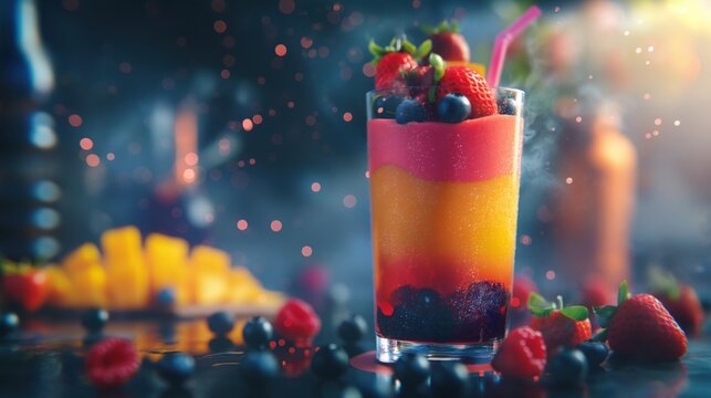 mixed berris smoothie in glass with straw on kitchen table