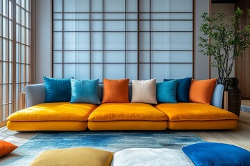 a modern living room interior with a vibrant yellow couch, colorful pillows, and a large window 
