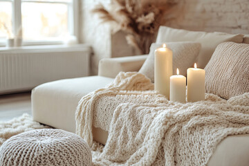 a cozy and inviting living room with candles and blanket