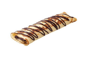 A rolled crepe drizzled with chocolate, showcasing a golden-brown exterior and a rich filling, inviting a delicious treat, Transparent background.