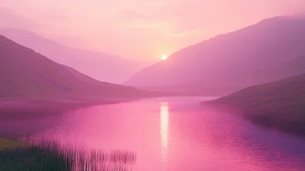 Selbstklebende Fototapeten Serene Pink Sunrise Over Tranquil Lake Surrounded by Mountains © AnisNajwa