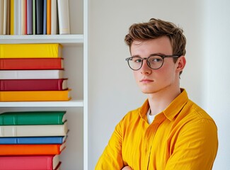 Young Man Wearing Glasses Posing Near Bookshelf with Serious Expression