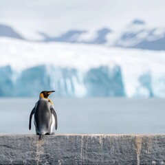 Fototapeta premium Majestic Emperor Penguin Stands on Ice Against Glacial Backdrop
