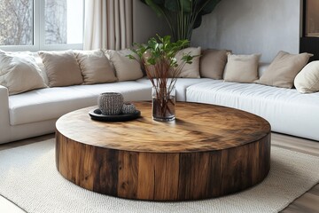 a modern living room interior featuring a round wooden coffee table and a comfortable sofa