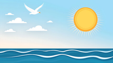 Bright sun shining over calm ocean waves with seagull flying in clear blue sky, creating serene atmosphere