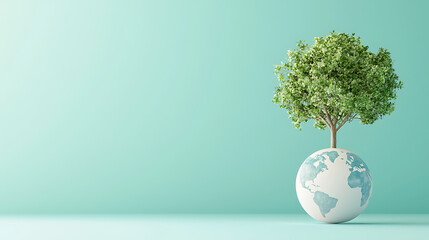tree grows from globe, symbolizing environmental awareness and sustainability. serene background enhances peaceful message