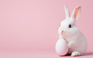 Obraz premium White Easter Bunny Holding Egg on Pink Background for Holiday