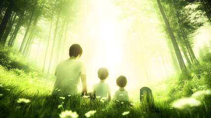 Family gathered together in a quiet forest embracing the peaceful surroundings while honoring the memory of a departed loved one.