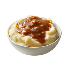 Creamy mashed potatoes topped with savory brown gravy in a white bowl, Transparent background.