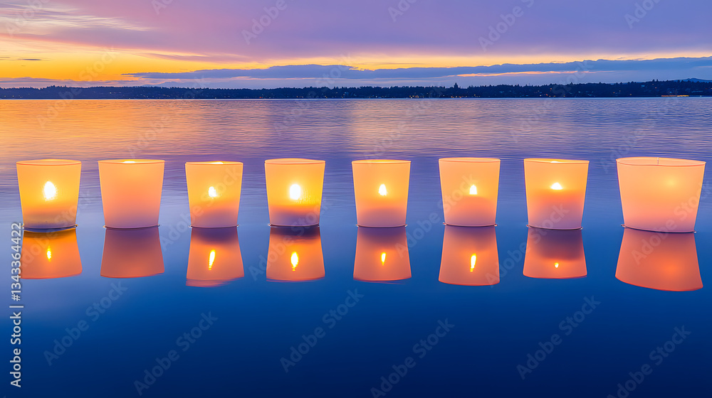 Poster candles floating calmly in the water during a memorial practice, creating a tranquil and reflective 