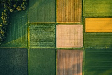 Aerial View of Colorful Patchwork Fields Showcasing Agricultural Patterns in Diverse Landscape During Golden Hour