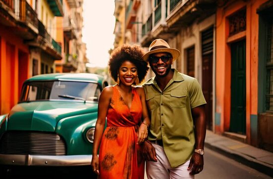Happy Cuban couple in front of an old American car