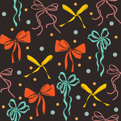 Square seamless Pattern, background with Various colorful Bow knots, tie ups, gift bows. Hand drawn trendy Vector illustration. Wedding celebration, holiday, party decoration, gift, present concept. 