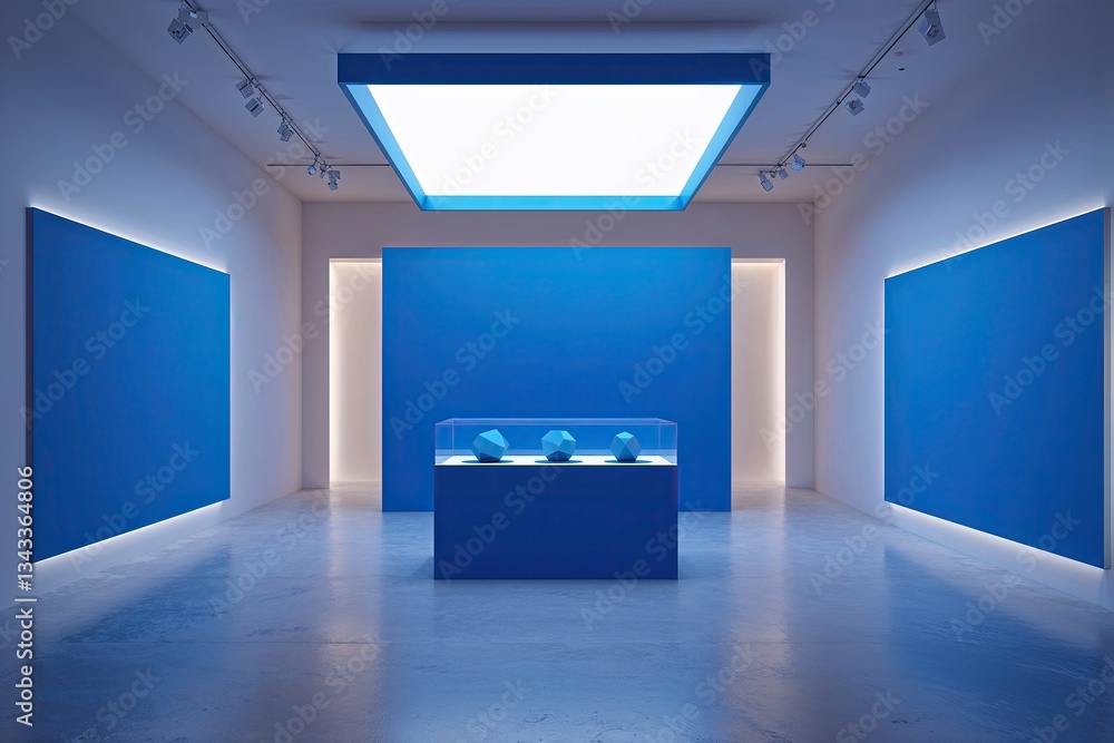 Poster modern minimalist art gallery featuring blue cube display and vibrant background 3d rendering