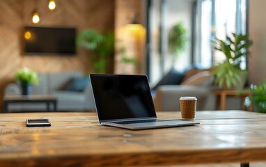 Wooden desk with laptop and mobile phone on top, cozy home interior background, blurred living room in the backdrop. Concept of remote work in the home office space. Focus on the table. 