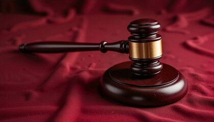 Judge's gavel on a rich red background for legal blogs, law firm websites, courtroom presentations, educational materials, and design projects related to justice and the legal system