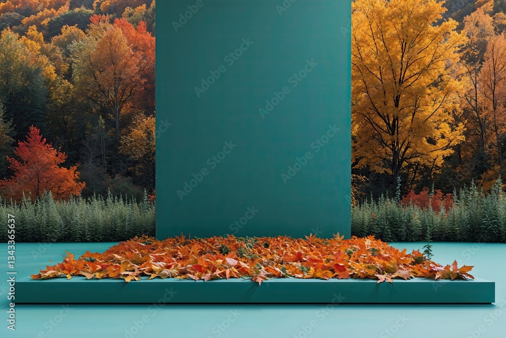 Poster crisp teal platform against dynamic fall backdrop for minimalist product display and unfilled space