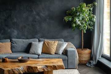 a modern living room with a gray sofa, wooden coffee table, and a large houseplant in a woven basket. The dark-colored wall and large window create a stylish atmosphere.