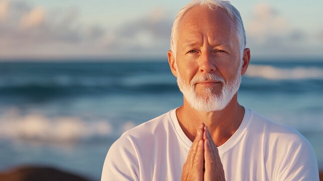 Senior Man in Meditative Pose on Tranquil Beach at Sunset