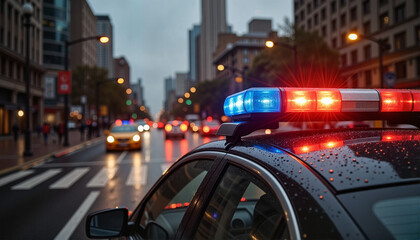 Police car with flashing lights responding in urban environment for news articles, blogs, websites, safety campaigns, law enforcement education, and crime awareness materials