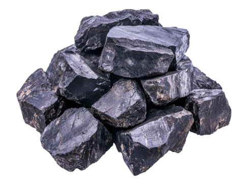A collection of dark, jagged rocks stacked together, showcasing a rough texture and varying sizes, Transparent background.