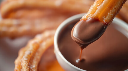 Churros con Chocolate. Traditional Spanish desayunos snack with fried dough sticks dipped in thick hot chocolate