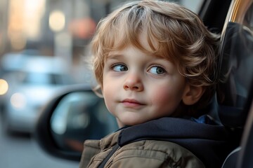 a cute blond-haired little boy looks out of the car window in a street